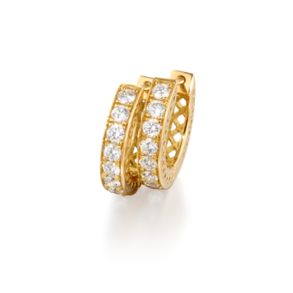 This is the product shot for a pair of 18k Yellow Gold huggie hoops earrings with pave diamonds