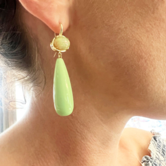 This is a pair of Opal and Magnesite earrings on 18k YG springwire hooks worn on the ear