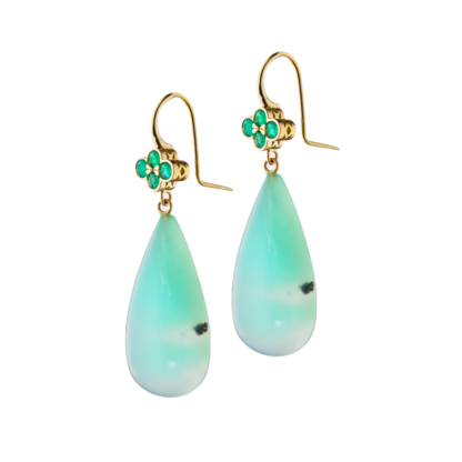 This is a photo of Chrysoprase drop earrings with Emerald clover top earrings