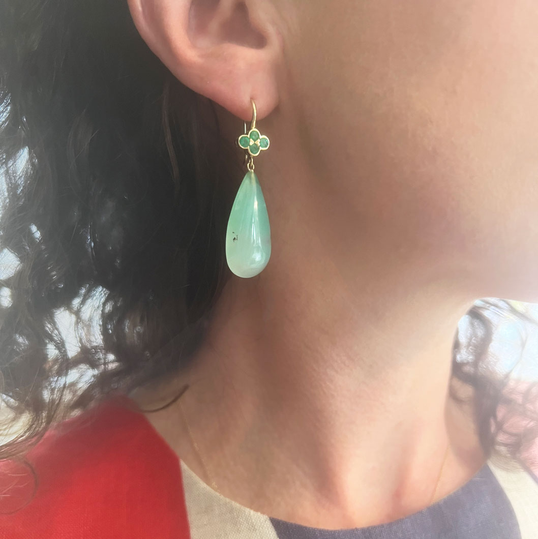 This is a photo of Chrysoprase drop earrings with Emerald clover top earrings being worn on the ear