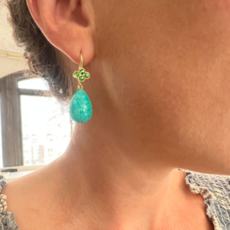 This is a photo of Amazonite drop earrings with Tsavorite clover tops being worn on the ear