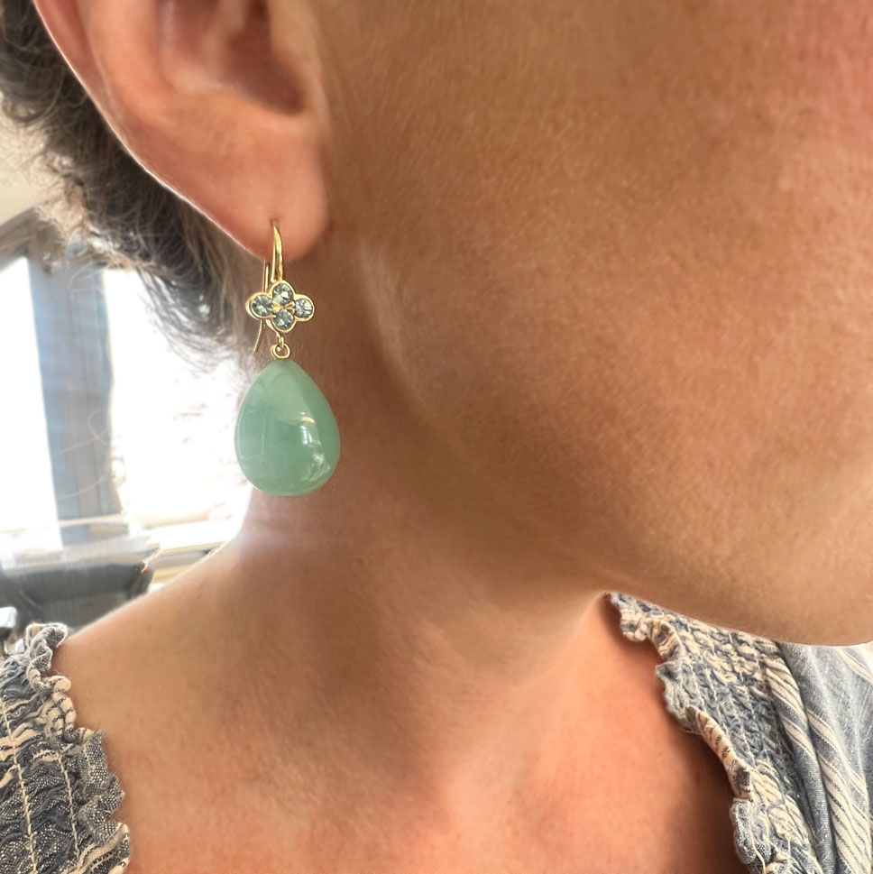 This is a pair of Chalcedony drop earrings with green sapphire tops worn on the ear