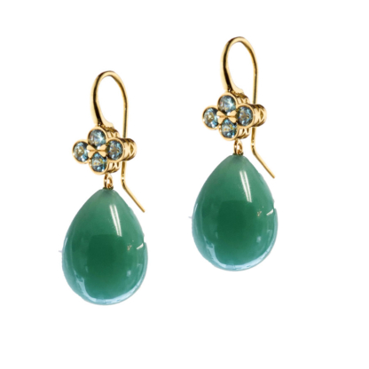 This is a pair of Chalcedony drop earrings with green sapphire tops