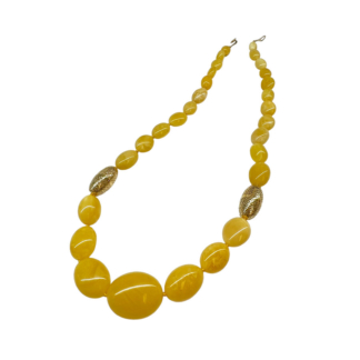 This is photo of a graduated amber necklace with two 18k yellow gold olive beads.