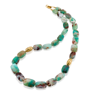 This is a graduated aquaprase beaded necklace with two large 18k yellow gold olive beads