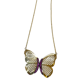 This is a photo of a gold chain necklace with Crownwork Butterfly with pave pink sapphires