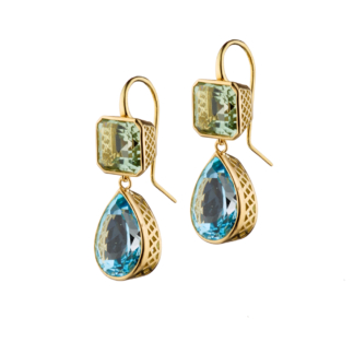 This is a product image of a green topaz emerald cut earring on a hook with pear shaped blue topaz drops