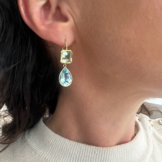 This is an image of green topaz emerald cut earrings with blue topaz pear shaped drops