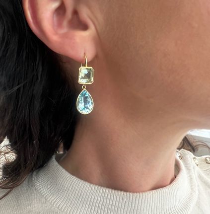 This is an image of green topaz emerald cut earrings with blue topaz pear shaped drops