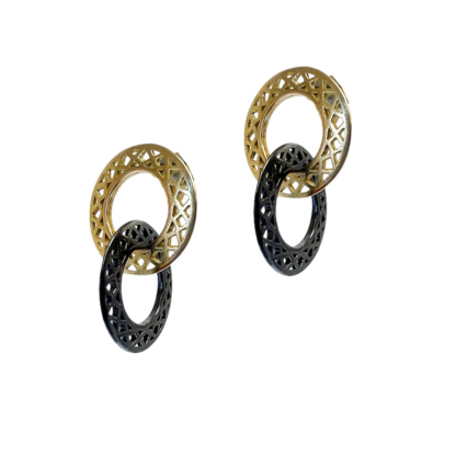 This is a product image of a small round pair of 18k and oxidized silver hoops on a post