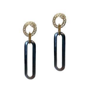 This is a product image of a pair of earrings featuring 18k crownwork® disks on a post and oxidized silver link drops
