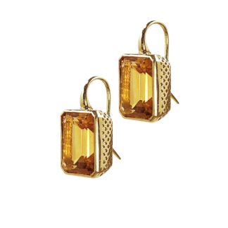 This is a product shot of a pair of emerald cut bezel set earrings set in 18k yellow gold crownwork