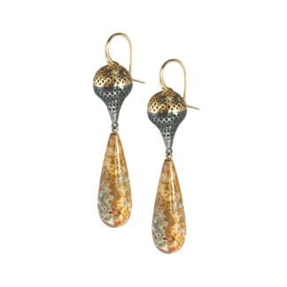 This is a pair of one of a kind jasper earrings with oxidized silver and 18k Yellow gold earrings