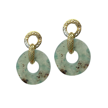 This is a photo of a pair of one of kind aquaprase round drop earrings